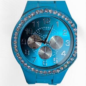 Figaro Couture Wristwatch With Crystal Accents & Teal Rubber Type Band